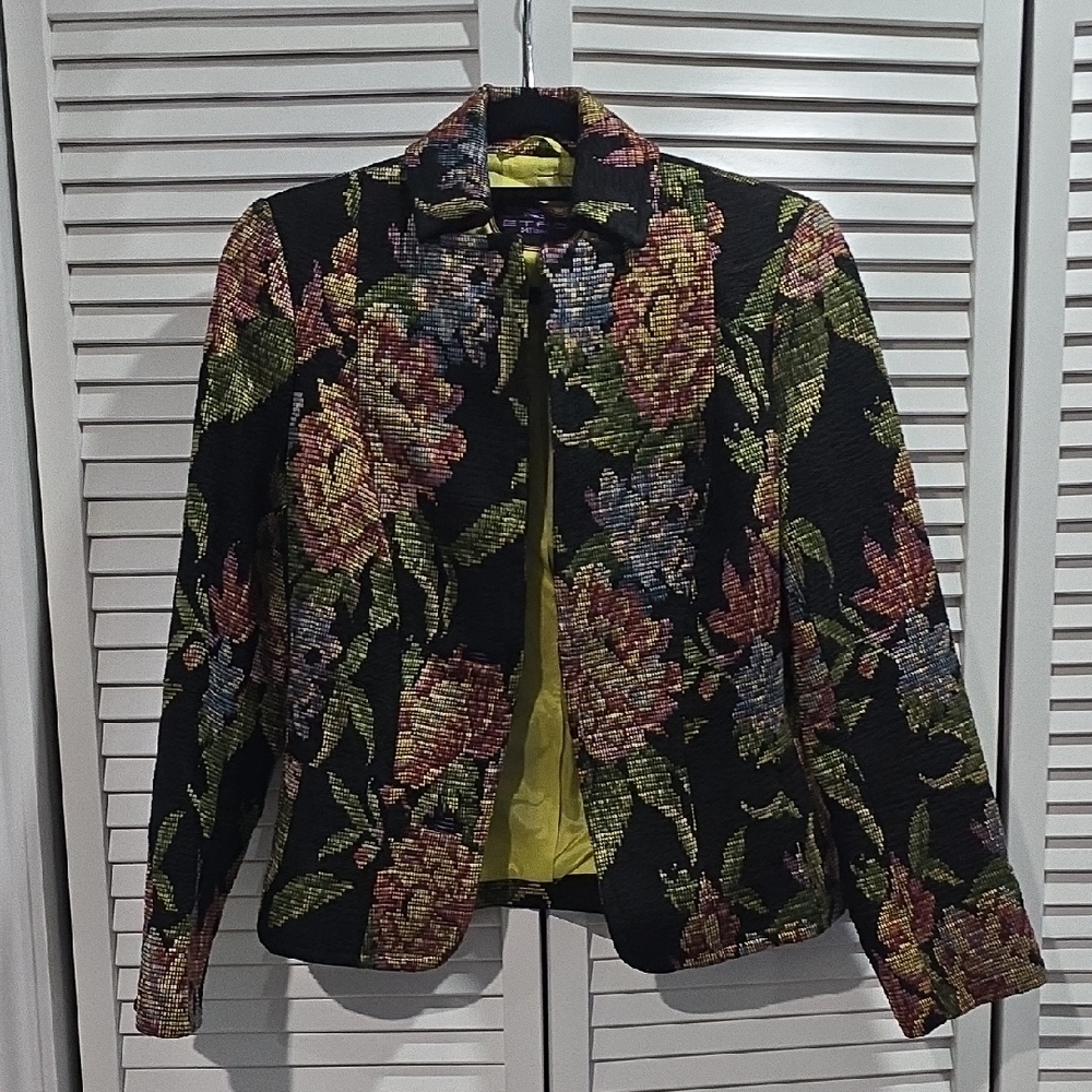 Vintage Etro Jacquard Black Floral Blazer Structured Suit Jacket Size S EUC